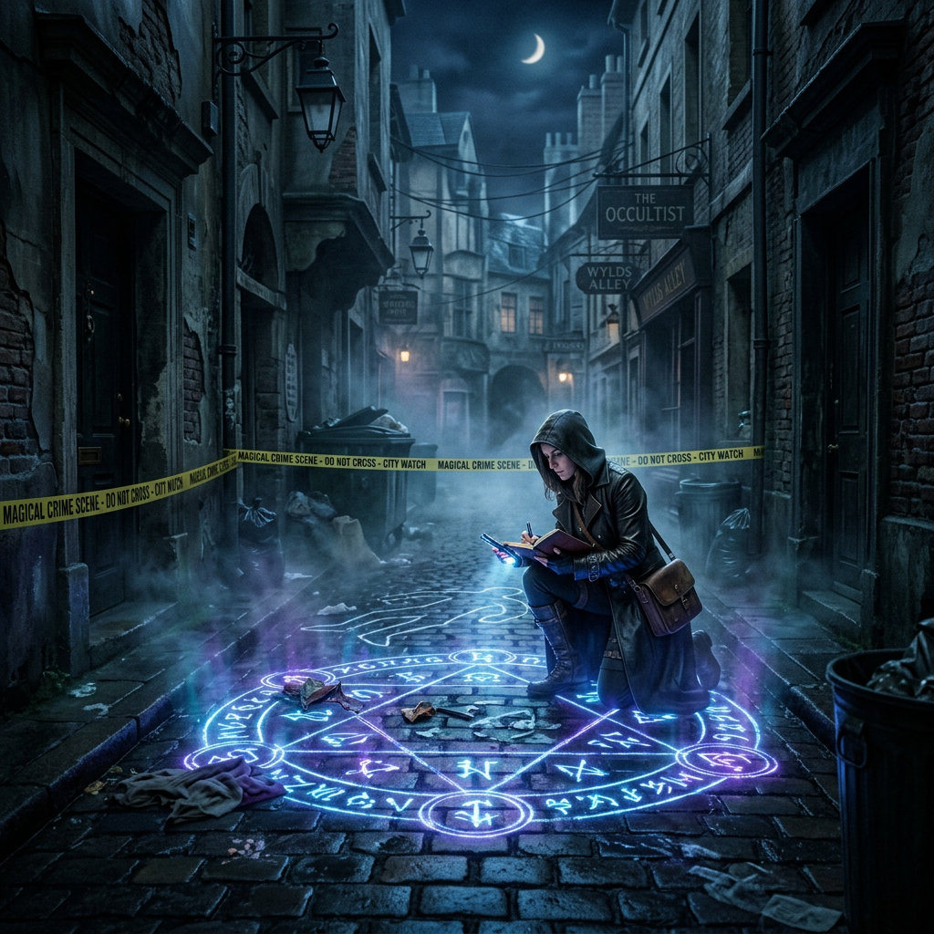 Person in hooded coat kneeling, studying a glowing magical symbol on an alley cobblestone street at night